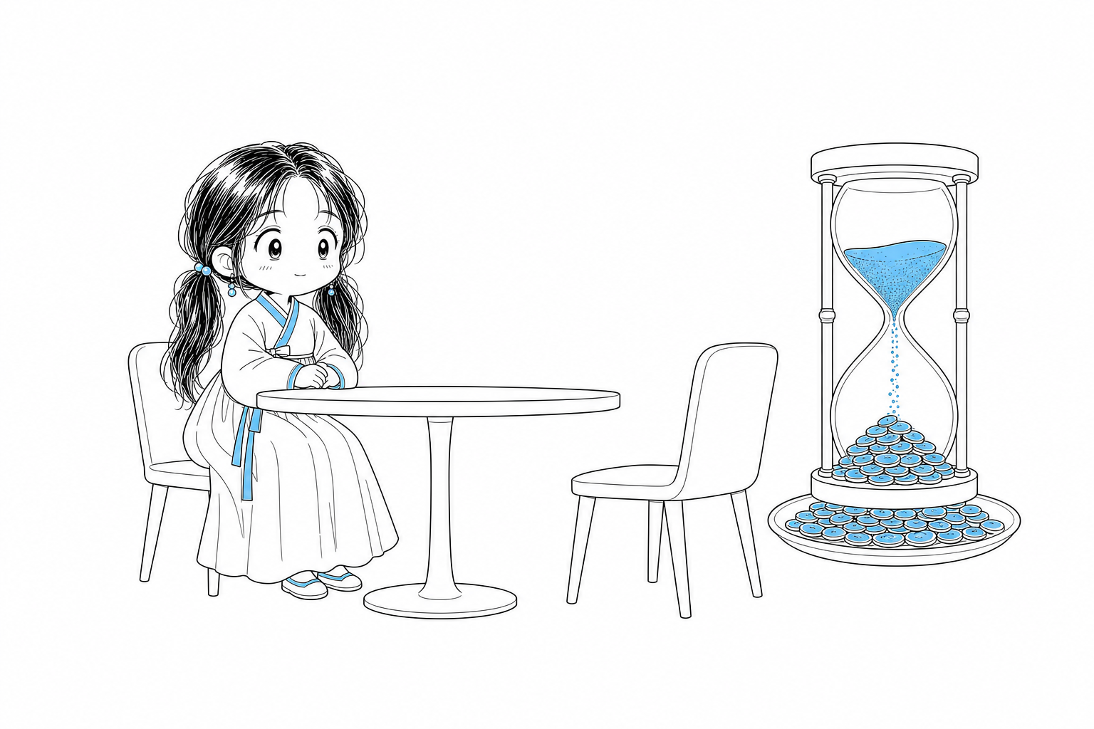 치비 서소영과 맞은편 빈 의자 사이에 아무 말풍선도 없는데 옆의 큰 모래시계는 계속 흐르고 아래 접시에 동전이 쌓인다
