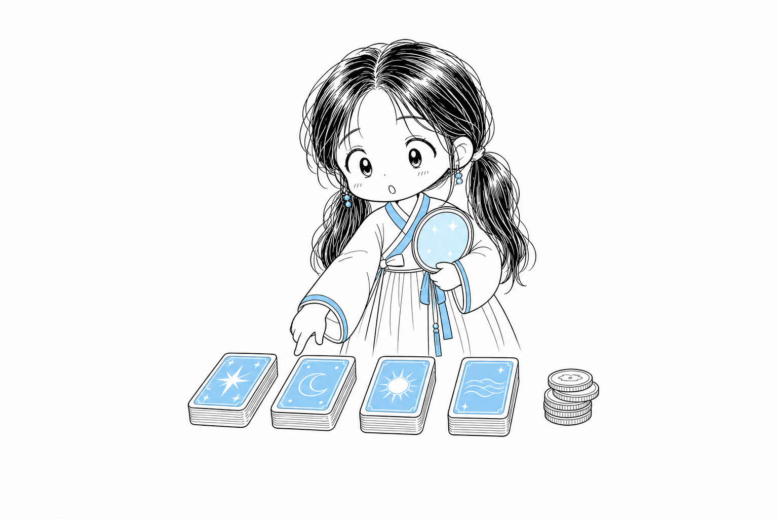 거울로 감정을 물들인 뒤 네 덱 중 하나로 손을 뻗는 치비 서소영, 옆에는 동전 더미