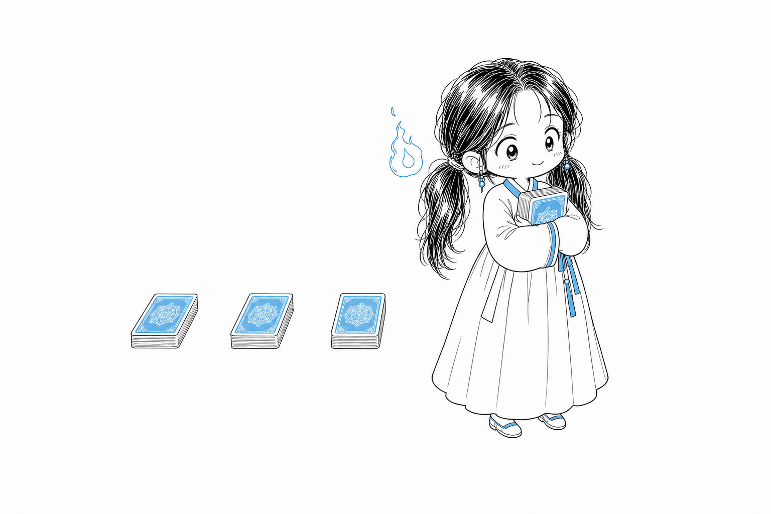 어깨 위에 작은 불꽃을 띄운 채 덱 하나만 끌어안고 나머지 세 덱에서 등을 돌린 치비 서소영