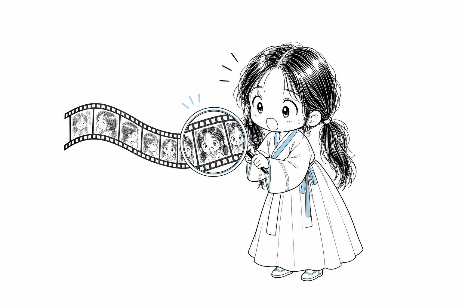 필름 스트립의 특정 구간을 돋보기로 확대해 촘촘한 프레임들을 유심히 들여다보는 치비 서소영