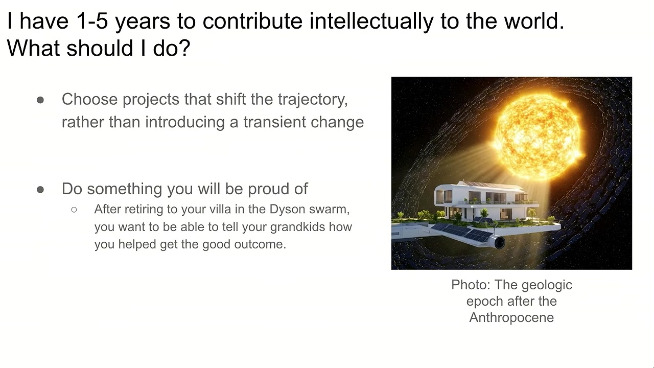 슬라이드. 일시적인 변화보다 궤적을 바꾸는 프로젝트를 택하라, 자랑스러울 일을 하라는 두 항목이 있다. 오른쪽에는 태양을 둘러싼 무수한 구조물 사이에 떠 있는 현대식 저택 그림이 있고, 인류세 다음의 지질 시대라는 설명이 붙어 있다.