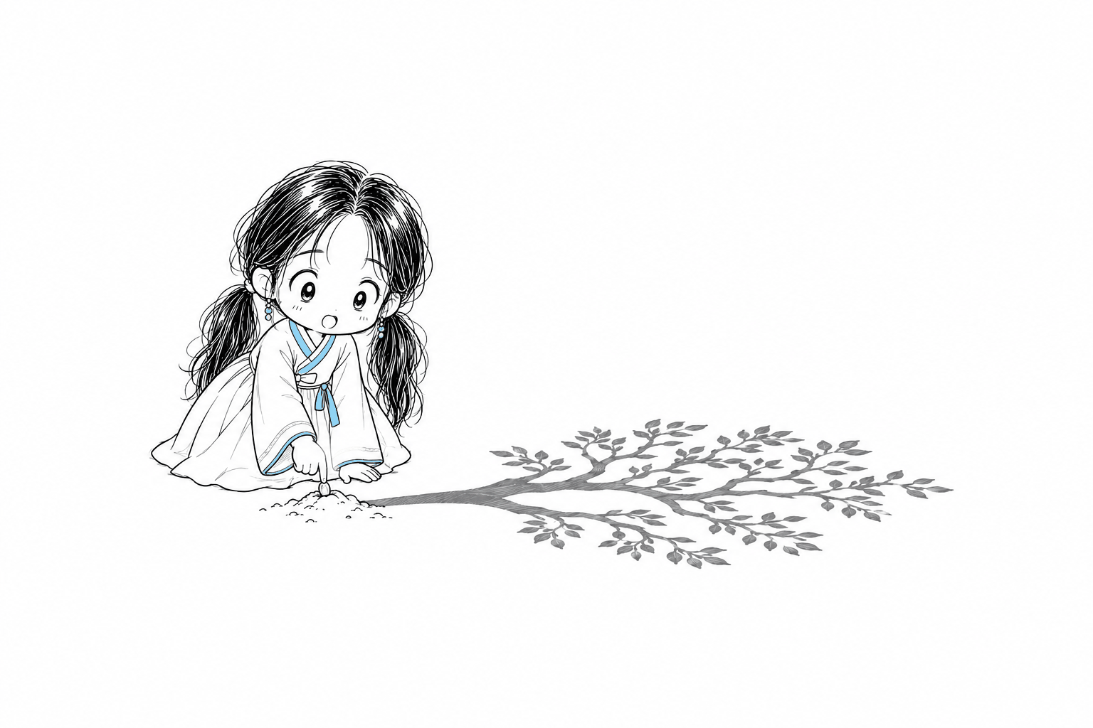 서소영이 무릎을 꿇고 흙에 작은 씨앗 하나를 심는다. 씨앗에서 뻗은 그림자가 가지를 넓게 펼친 큰 나무의 모양을 하고 있다.