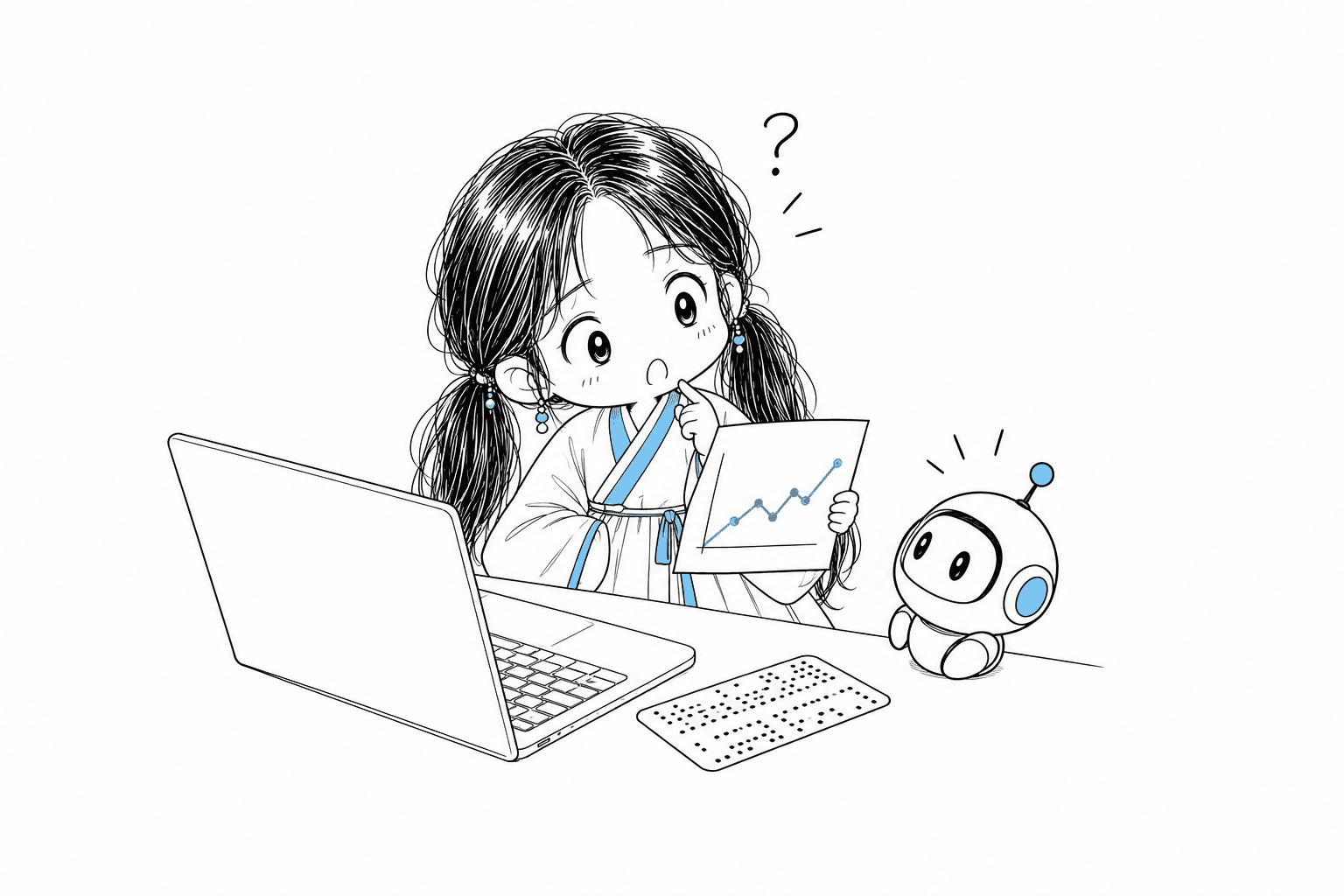 서소영이 노트북 옆에서 꺾은선 그래프가 그려진 종이를 들고 고개를 갸웃하며 책상 위 작은 로봇에게 묻는다. 노트북 옆에는 옛 펀치 카드가 놓여 있다.