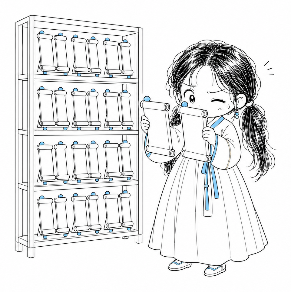 똑같이 생긴 두루마리 두 개를 나란히 들고 미세한 차이를 살피는 치비 서소영. 뒤쪽 선반에는 그런 닮은 꼴 두루마리 쌍이 더 꽂혀 있다.