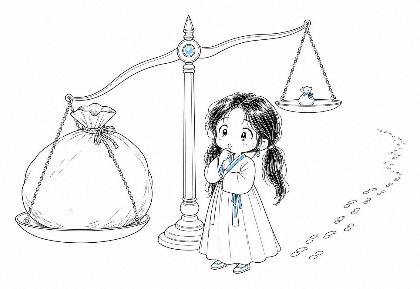 양팔 저울을 올려다보는 치비 서소영. 한쪽 접시에는 자기 몸보다 큰 자루가 놓여 접시가 바닥까지 내려갔다. 다른 쪽 접시에는 아주 작은 주머니 하나만 올라가 높이 떠 있다. 가벼운 쪽 옆으로는 작은 발자국이 길게 이어진다.