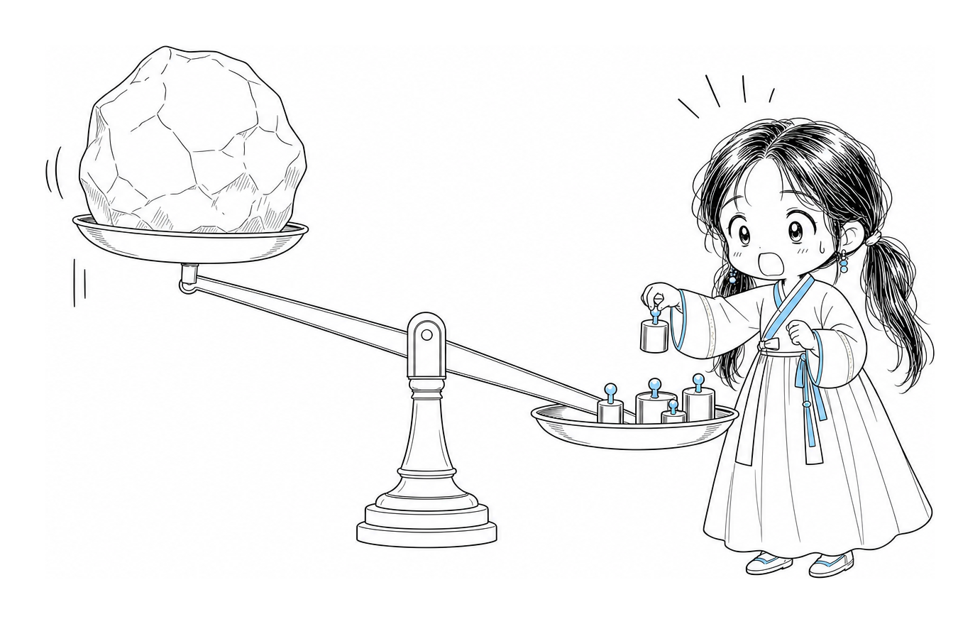 치비 서소영이 저울 한쪽 접시에 작은 추를 하나씩 올리자, 반대편 접시에 놓인 커다란 바위가 들리기 시작한다.