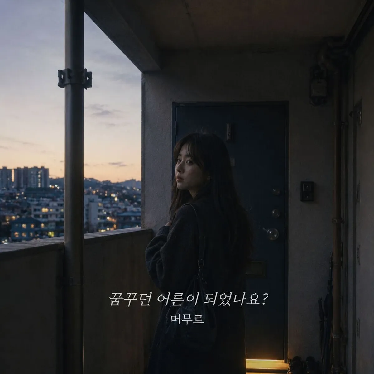 해 질 녘 아파트 복도에서 뒤돌아보는 여성의 사진에 ‘꿈꾸던 어른이 되었나요? 머무르’라는 제목이 적힌 음원 커버 이미지