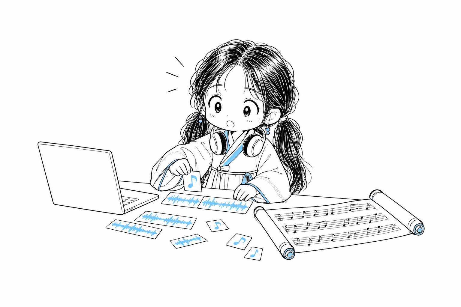 헤드폰을 목에 건 치비 서소영이 작업 책상에서 노트북의 디지털 파형 조각과 전통 악보 두루마리 사이로 하늘색 음표 조각들을 골라 재배치하는 모습