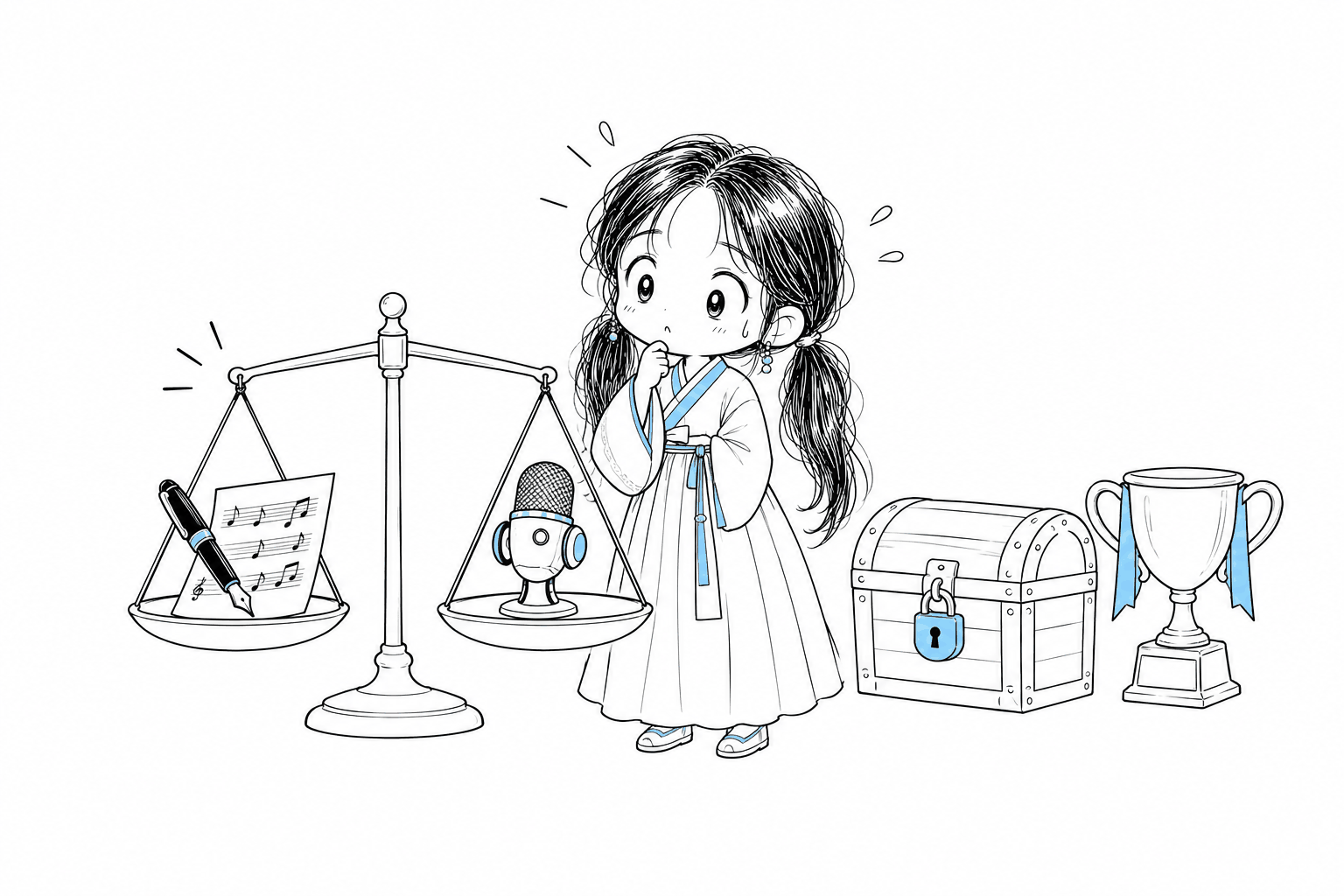 한쪽에는 만년필과 악보, 다른 쪽에는 로봇 마이크를 올린 저울 옆에 하늘색 자물쇠로 잠긴 동전 상자와 트로피가 있고, 치비 서소영이 고민하며 바라보는 모습