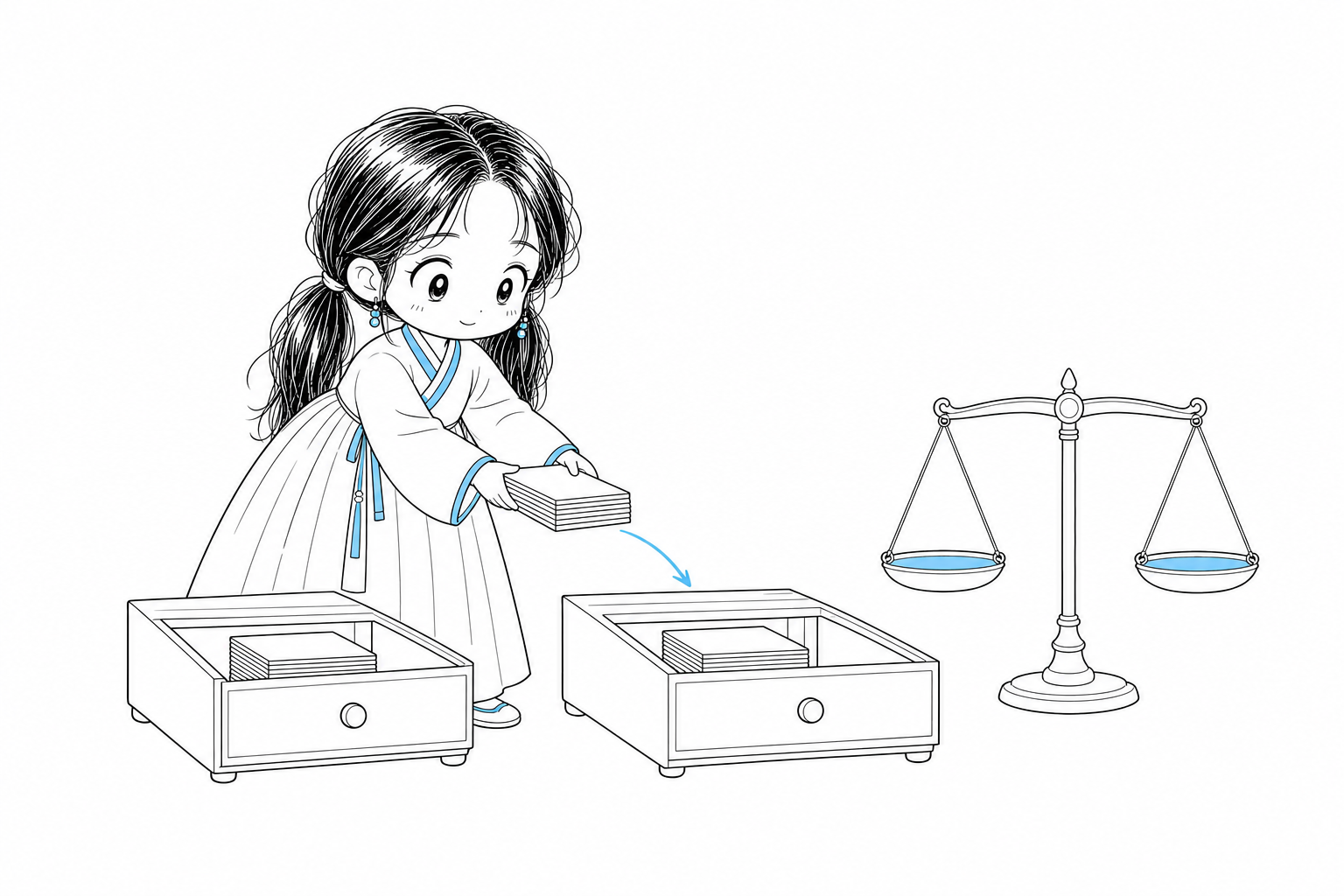 카드 묶음을 복사 없이 그대로 옆 서랍으로 옮기는 치비 서소영, 곁의 저울은 정확히 수평을 이뤄 오차가 0임을 보여준다