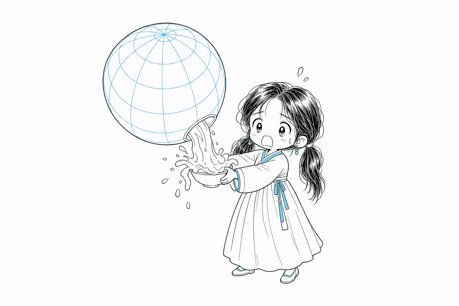 거대한 모델 구체를 작은 그릇에 부으려다 그릇 밖으로 한참 흘러넘치는 것을 당황하며 바라보는 치비 서소영