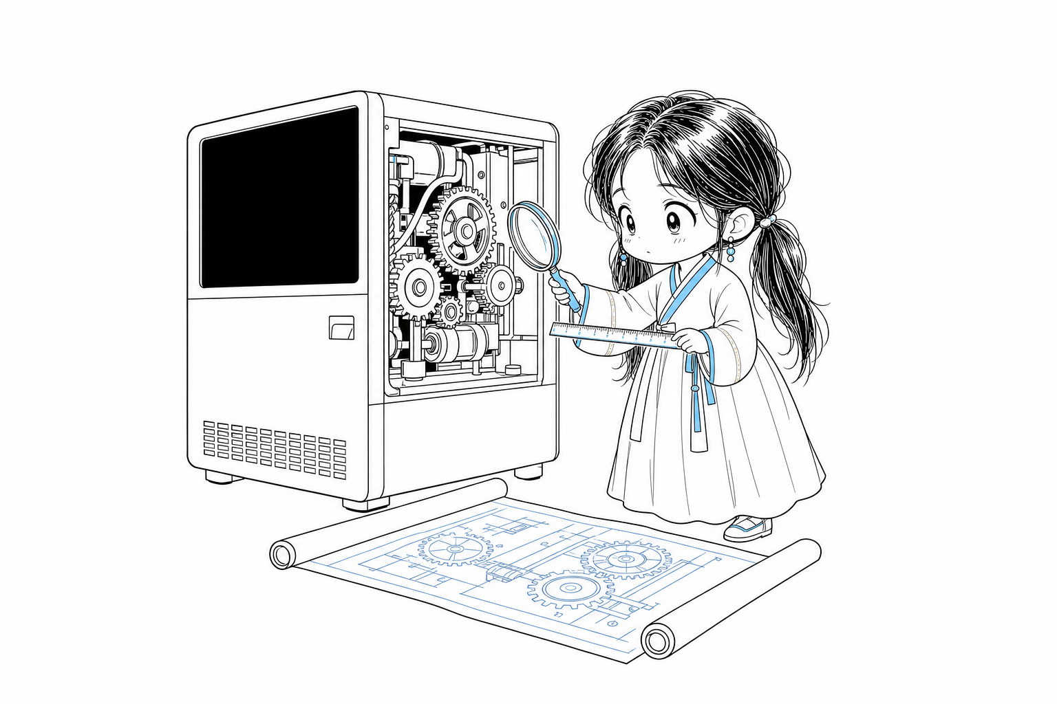 전원이 꺼져 화면이 캄캄한 큰 기계의 내부 톱니를 확대경과 자로 설계도와 대조하며 확인하는 치비 서소영