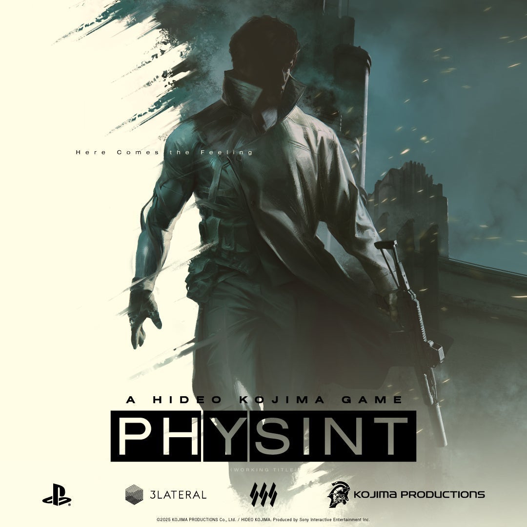 피진트(PHYSINT) 데뷔 포스터. 어두운 실내에서 총을 든 남자가 등을 보이고 서 있고, 하단에 플레이스테이션 로고와 코지마 프로덕션 로고가 나란히 놓여 있다.