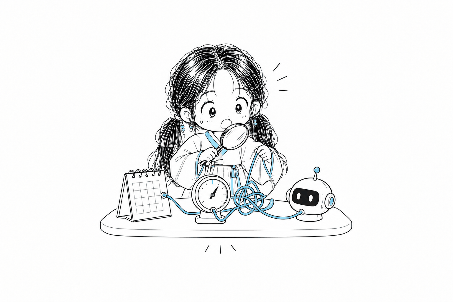 책상 위에서 달력 눈금과 금리 레버, 로봇 아이콘에 연결된 세 가닥의 엉킨 실을 돋보기로 하나씩 분리해 살피는 치비 서소영