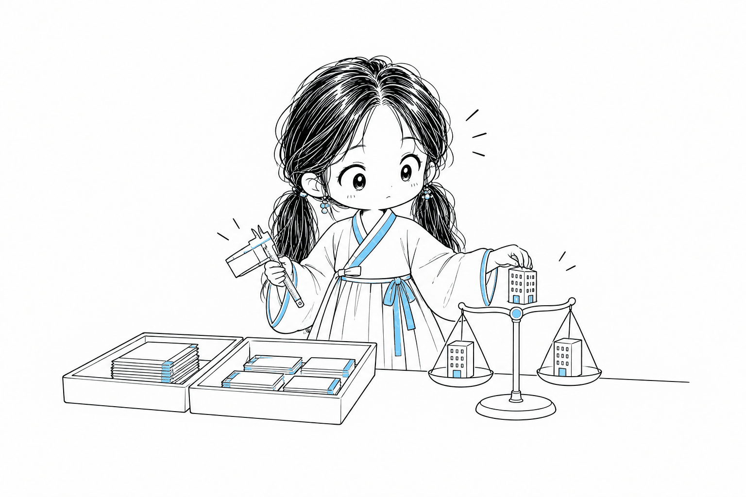 테이블 위의 분류 상자 옆에서 한 손으로는 캘리퍼스로 직무 카드 묶음을 재고 다른 손으로는 저울 위의 회사 건물 모형을 비교하는 치비 서소영