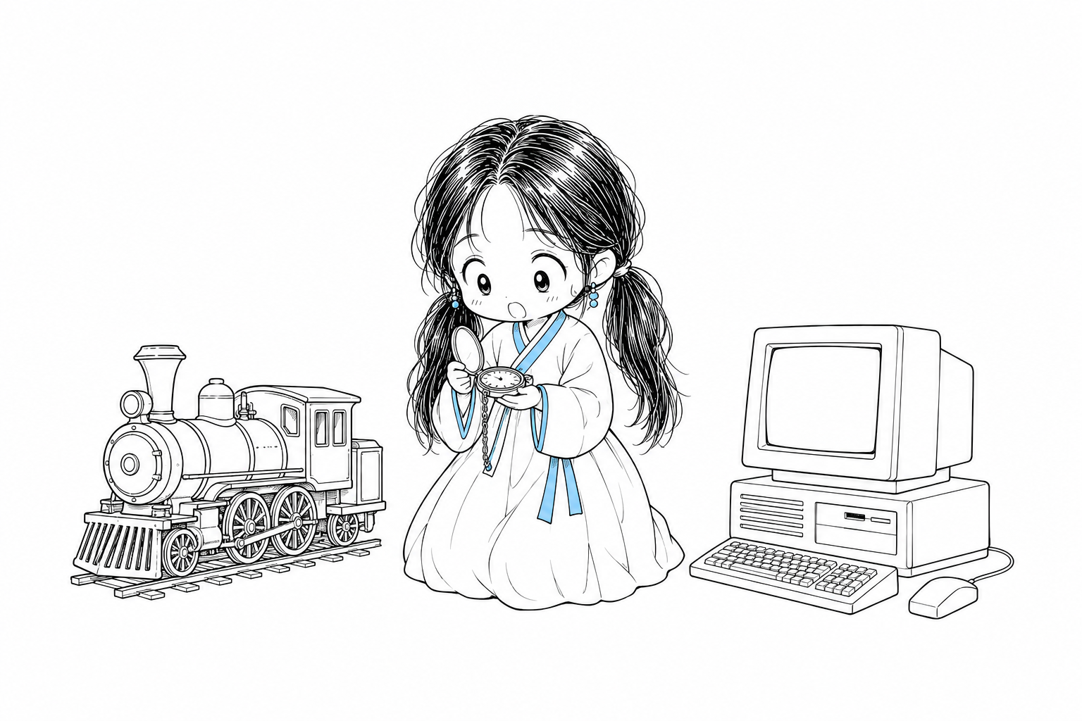 바닥에 무릎을 꿇은 치비 서소영이 양손으로 회중시계를 펼쳐 들고 내려다본다. 왼쪽에는 작은 증기 기관차 모형이, 오른쪽에는 네모난 구형 데스크톱 컴퓨터 모형이 놓여 있다.