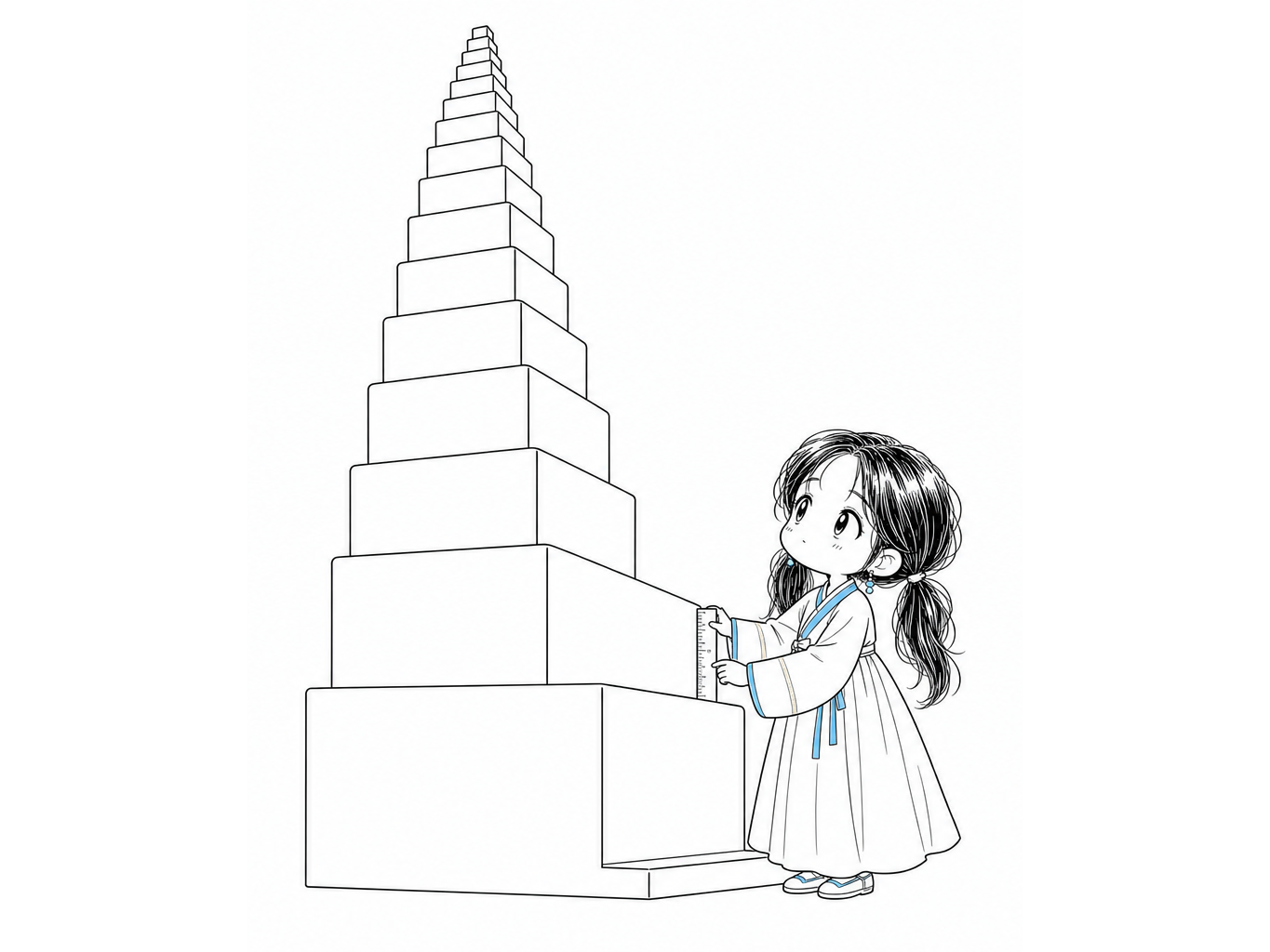 아주 높은 계단식 탑 옆에 서서, 자기가 실제로 올라선 가장 낮은 한 단에 작은 자를 대어 보며 멀리 있는 꼭대기를 올려다보는 치비 서소영