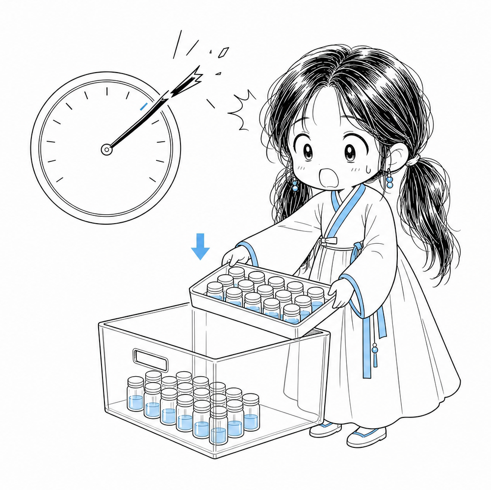 끝까지 넘어가 버린 계기판 바늘을 쳐다보면서, 그 회차의 시료 병을 통째로 투명한 보관 상자에 내려놓는 치비 서소영