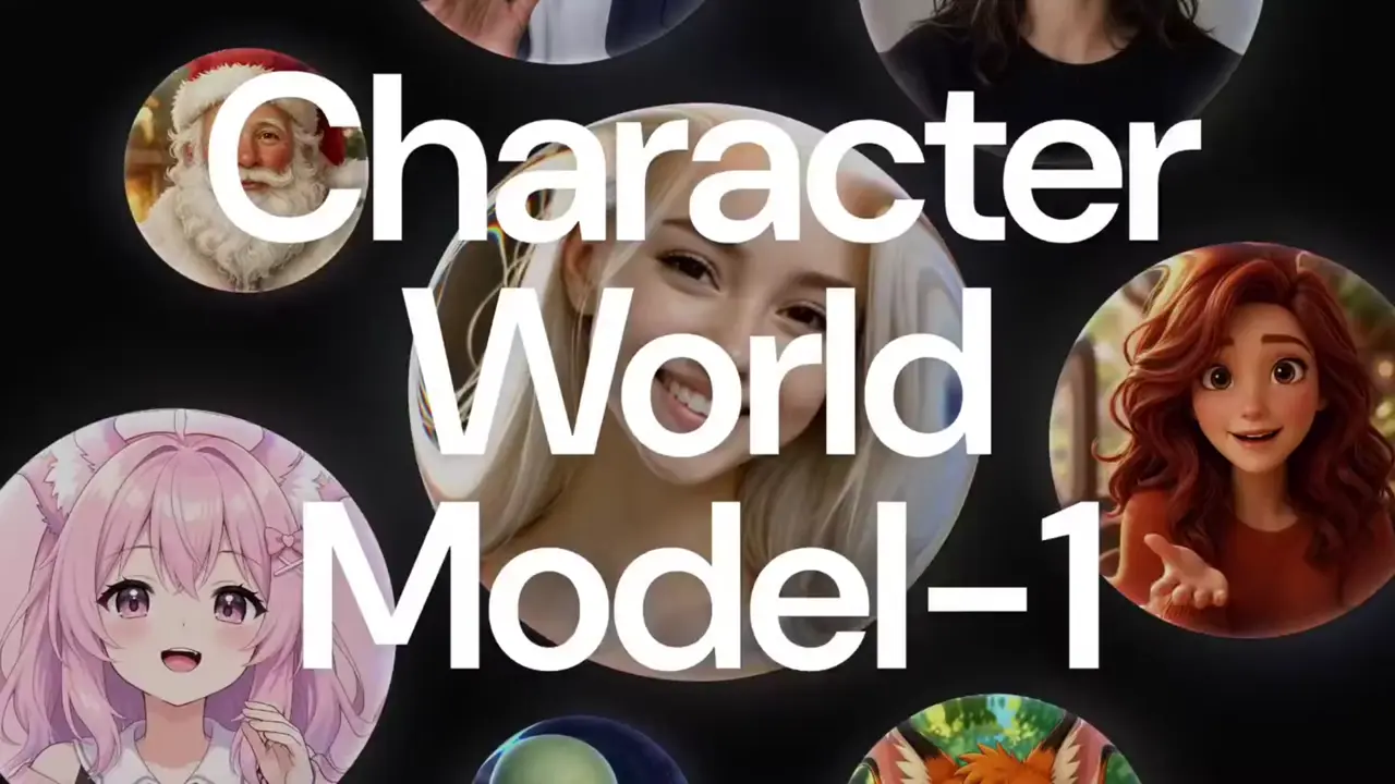 검은 배경에 흰 글씨로 'Character World Model-1'이라고 적힌 발표 이미지. 글자 둘레의 원형 창에는 분홍 머리 애니메이션 캐릭터, 금발 여성, 붉은 머리 애니메이션 캐릭터 등 CWM-1로 만든 캐릭터들의 얼굴이 보인다