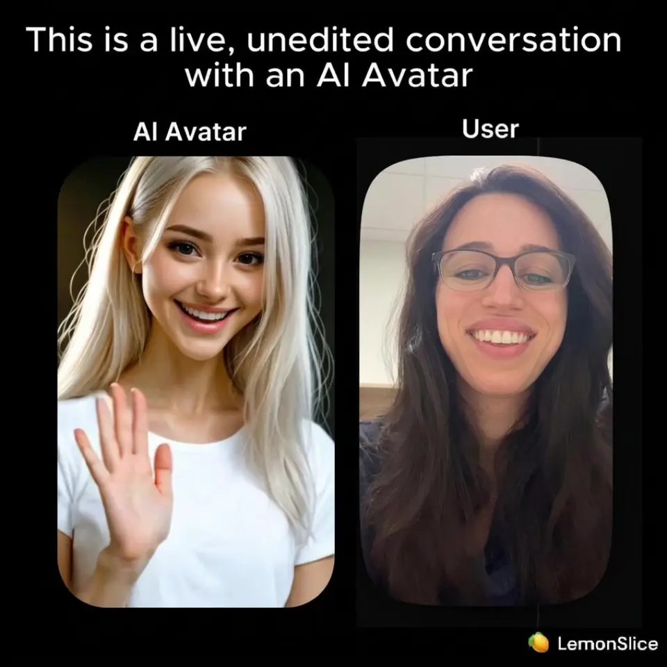 데모 영상의 한 장면. 상단에 ‘This is a live, unedited conversation with an AI Avatar’라는 문구가 있고, 왼쪽 AI Avatar 창에서는 흰 티셔츠 차림의 금발 캐릭터가 손을 흔들며 웃고, 오른쪽 User 창에서는 안경을 쓴 여성이 웃고 있다