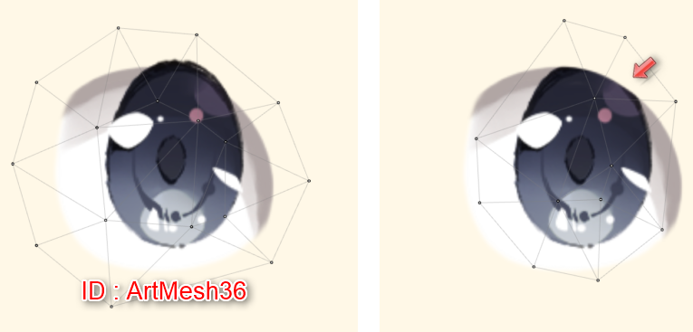 두 장의 비교 화면. 왼쪽은 흰자 ArtMesh(ID ArtMesh36)를 마스크로 선택한 상태로 홍채가 흰자 밖까지 그려져 있고, 오른쪽은 클리핑을 적용해 홍채가 흰자 범위 안에서만 보인다.