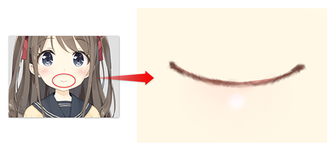 왼쪽에 소녀 얼굴의 입 부분에 붉은 원이 그려져 있고, 붉은 화살표가 오른쪽의 확대 컷을 가리킨다. 확대 컷에서는 입 선화 바깥으로 입 안쪽 색이 살짝 튀어나와 있다.
