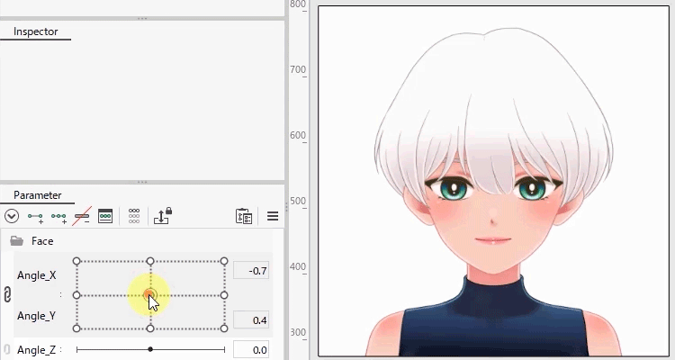 Cubism Editor의 파라미터 패널에서 Angle X와 Angle Y 값을 바꾸는 동안 오른쪽의 은발 캐릭터 얼굴이 좌우 상하로 돌아가는 애니메이션.