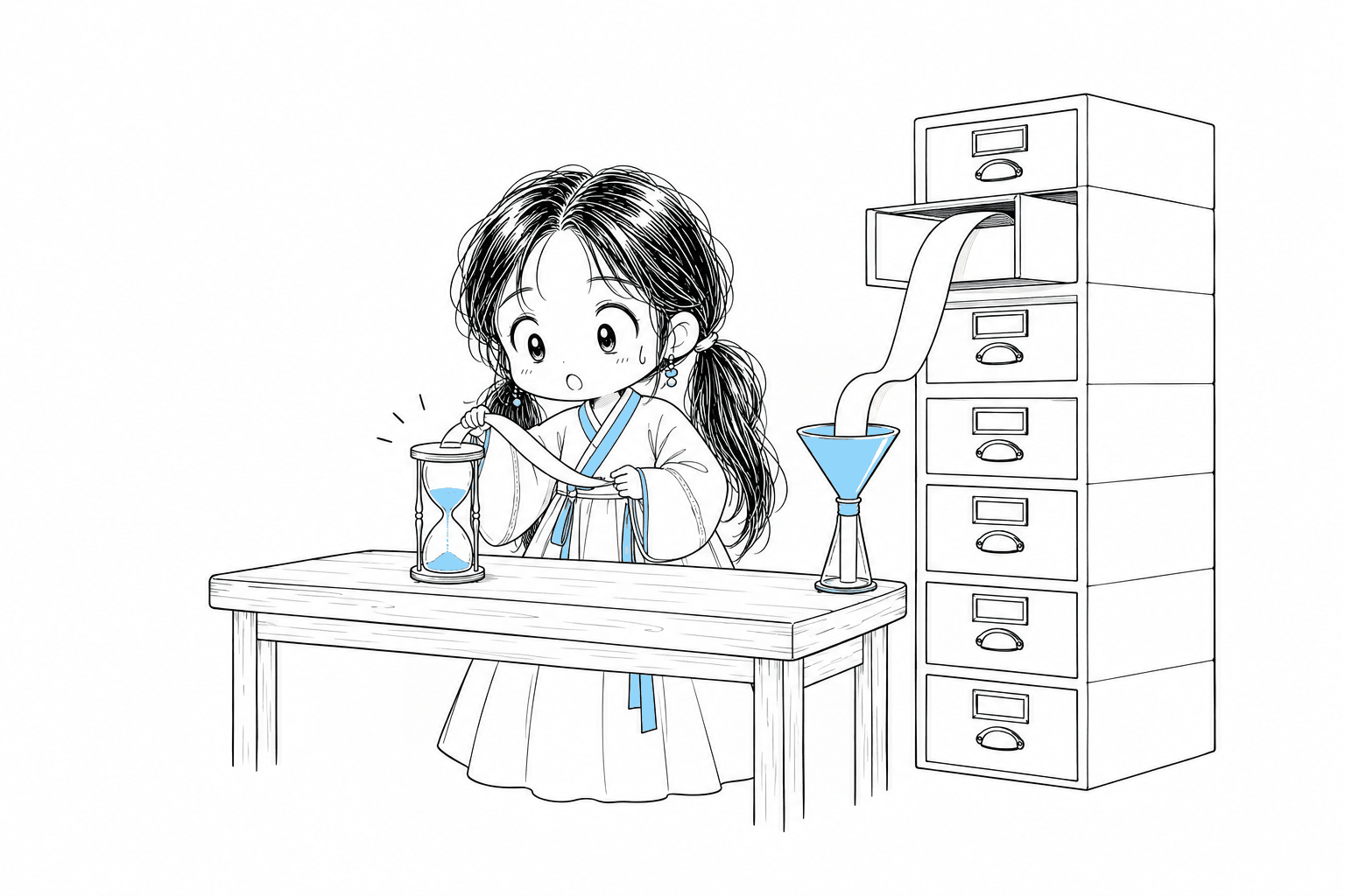 높은 서랍장에서 길게 이어진 종이 띠가 좁은 하늘색 깔때기를 통과하는 동안 책상 위 모래시계를 바라보는 치비 서소영
