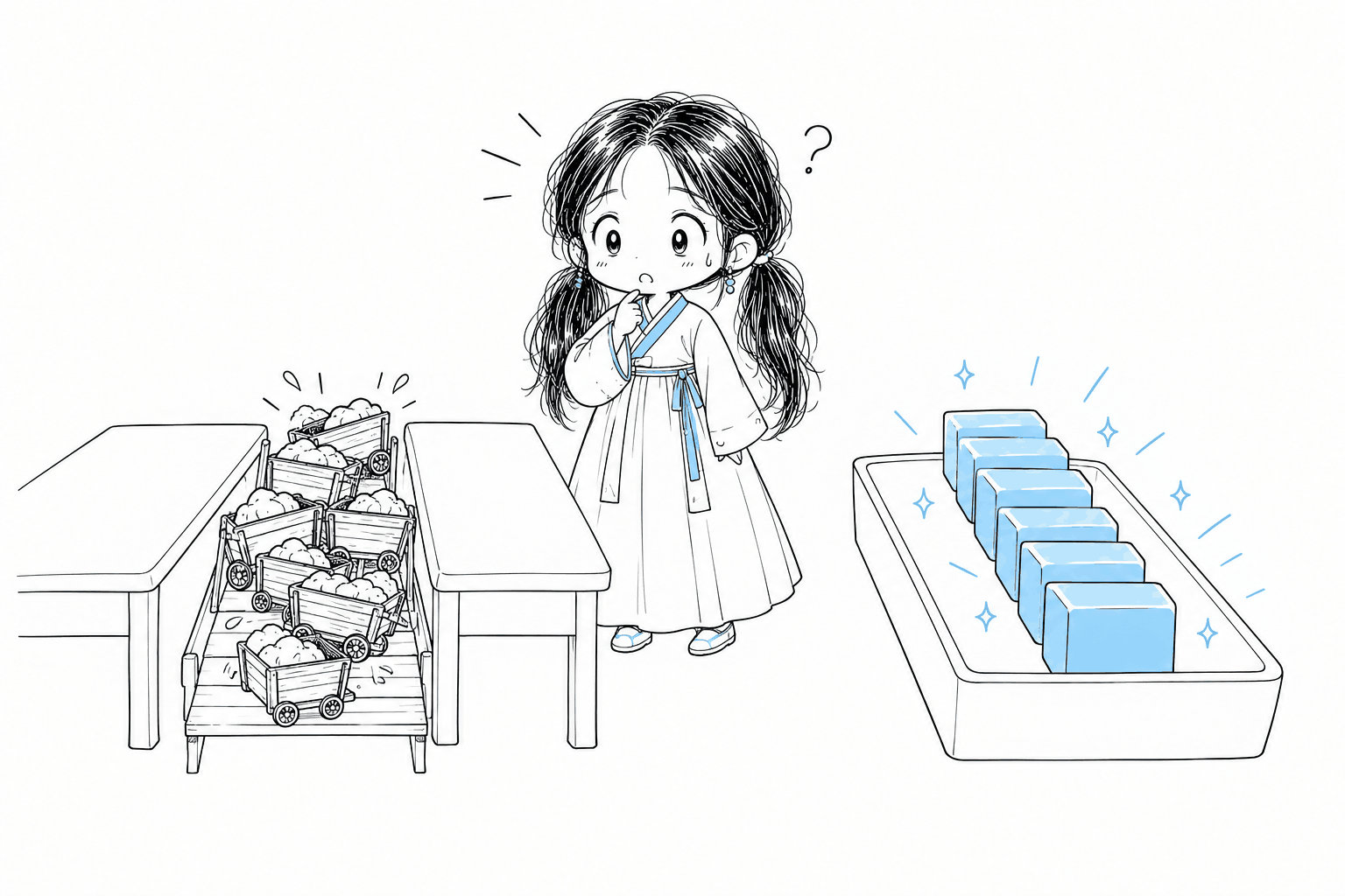 두 테이블 사이 좁은 다리에서 수레들이 정체된 왼쪽 경로와 하나의 트레이 안에 하늘색 블록 여섯 개가 정돈된 오른쪽 구성을 비교하는 치비 서소영