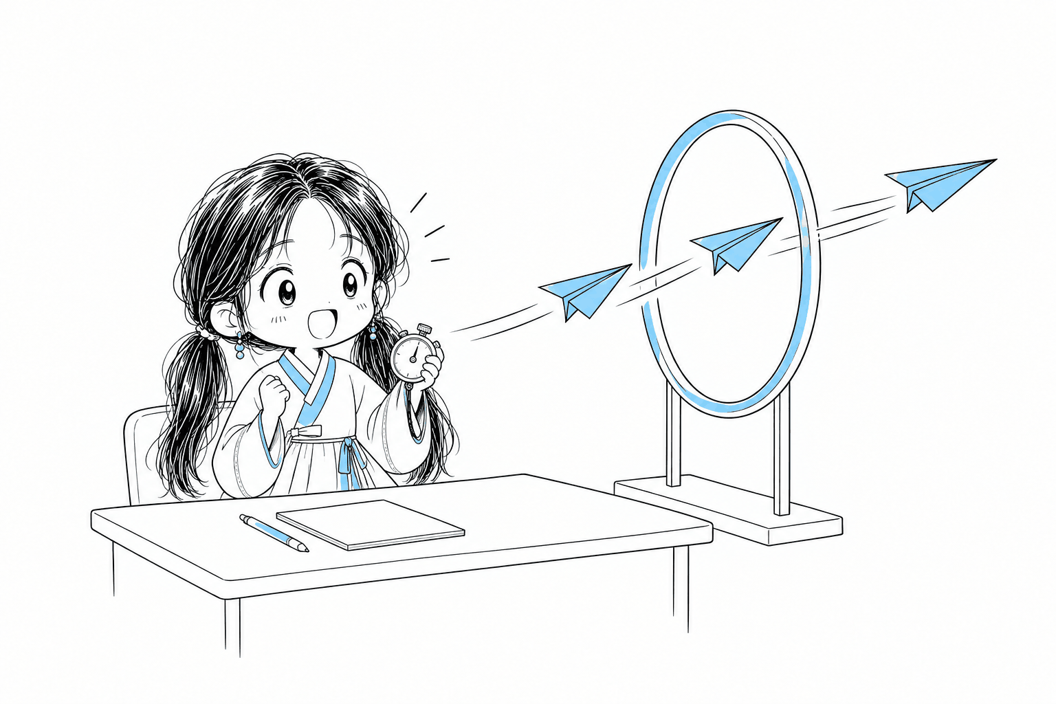 책상 앞에서 초시계를 들고 미소 짓는 치비 서소영과 둥근 하늘색 고리를 연속으로 통과하는 종이비행기 세 대
