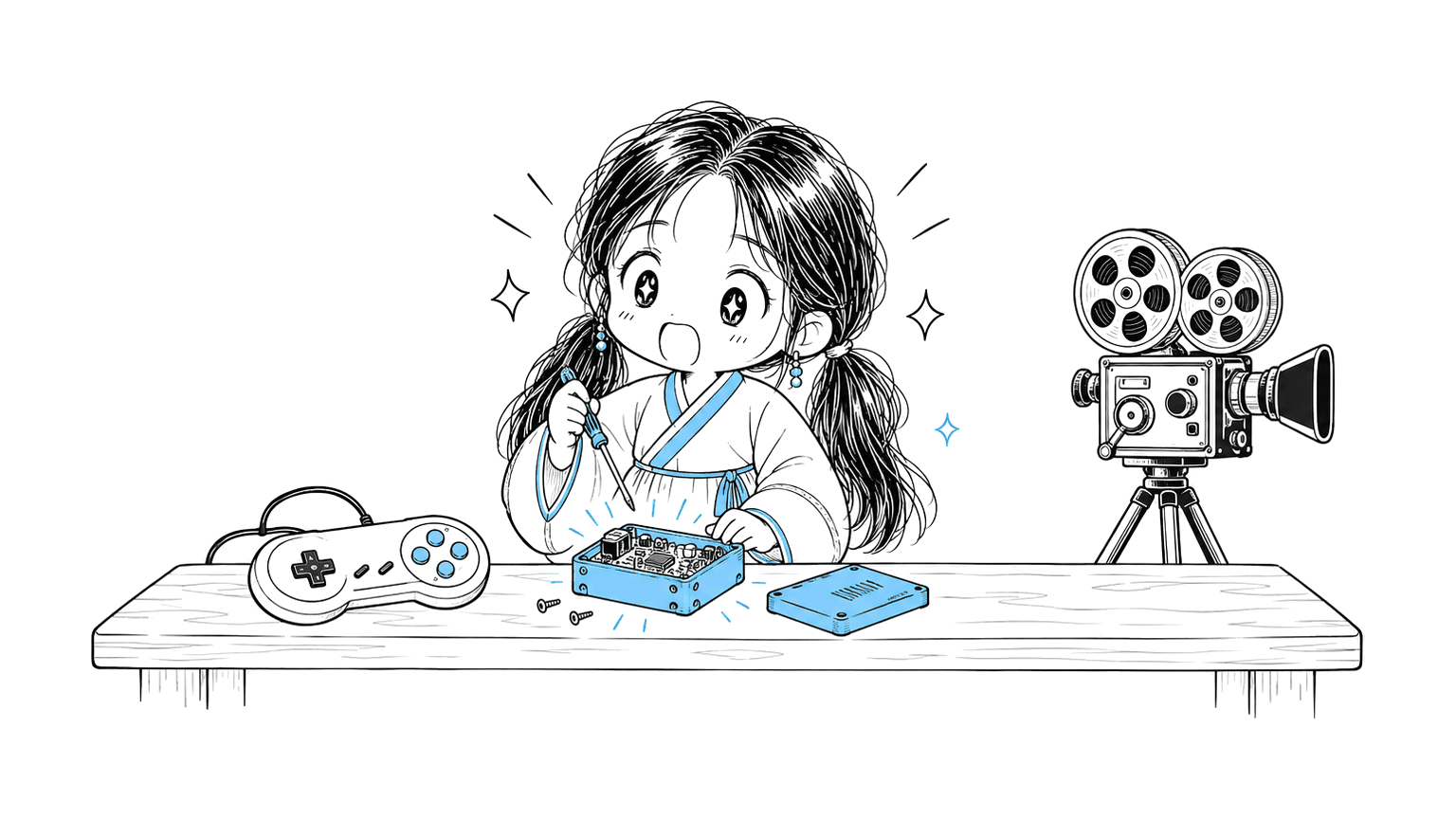 넓은 작업대 앞에 선 치비 서소영이 레트로 게임 패드, 영화 필름 릴 카메라, 하늘색 빛이 감도는 회로 기판과 3D 프린팅 케이스 사이에서 작은 드라이버를 들고 눈을 반짝이며 조립하는 일러스트