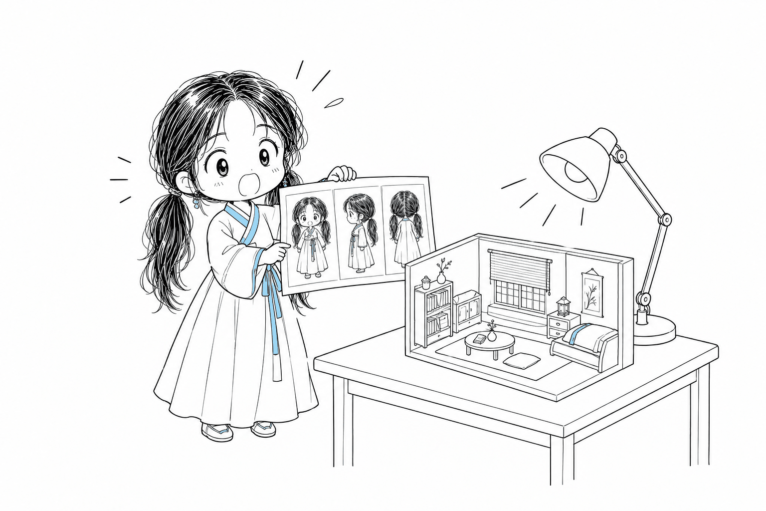 캐릭터 참조 시트 옆의 모형 응접실에 작은 스탠드 조명을 켜서 인물의 그림자와 빛 방향을 맞추는 치비 서소영