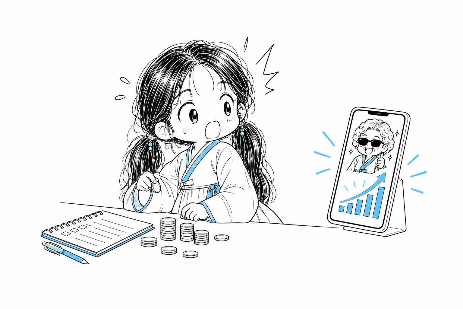 책상 위 체크리스트 책자 옆에서 동전을 세다가 등 뒤의 두 번째 스마트폰 화면 속 선글라스 쓴 할머니 영상 조회수 막대그래프가 높아지는 것을 보고 놀라는 치비 서소영