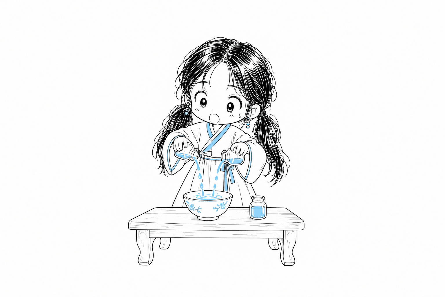 치비 서소영이 낮은 나무 탁자 앞에 앉아 양손에 든 작은 유리병 두 개에서 하늘색 물방울들을 가운데 도자기 그릇에 부어 섞는 모습. 그릇 옆에는 유리병이 하나 더 놓여 있다.