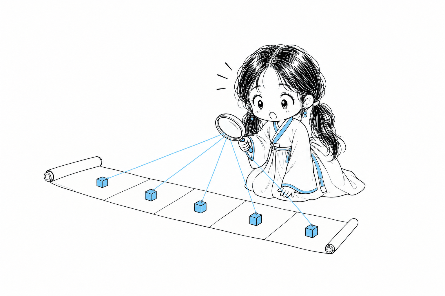 치비 서소영이 바닥에 길게 펼쳐진 두루마리 옆에 앉아 일정한 구간마다 작은 하늘색 정육면체 체크포인트를 올려 두고, 체크포인트들에서 뻗어 나온 가는 선들을 손에 든 돋보기로 모아 읽는 모습