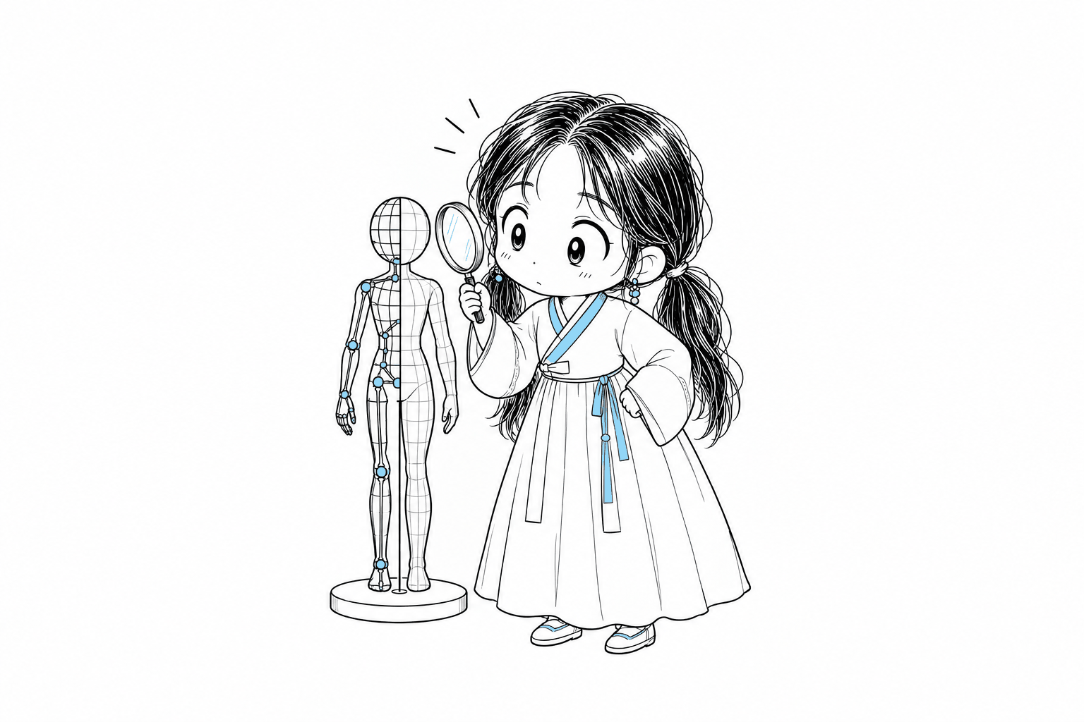 치비 서소영이 돋보기를 들고 3D 인체 골격 구조와 연조직 외형 메시가 좌우로 분리된 모형을 살펴보는 모습