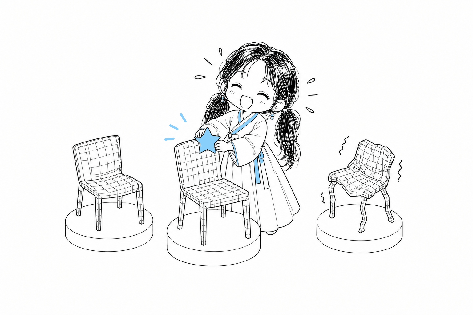 치비 서소영이 세 개의 3D 의자 메시 후보 중 가장 온전하게 복원된 의자 메시에 하늘색 별표를 붙이며 품질 순위를 매기는 모습