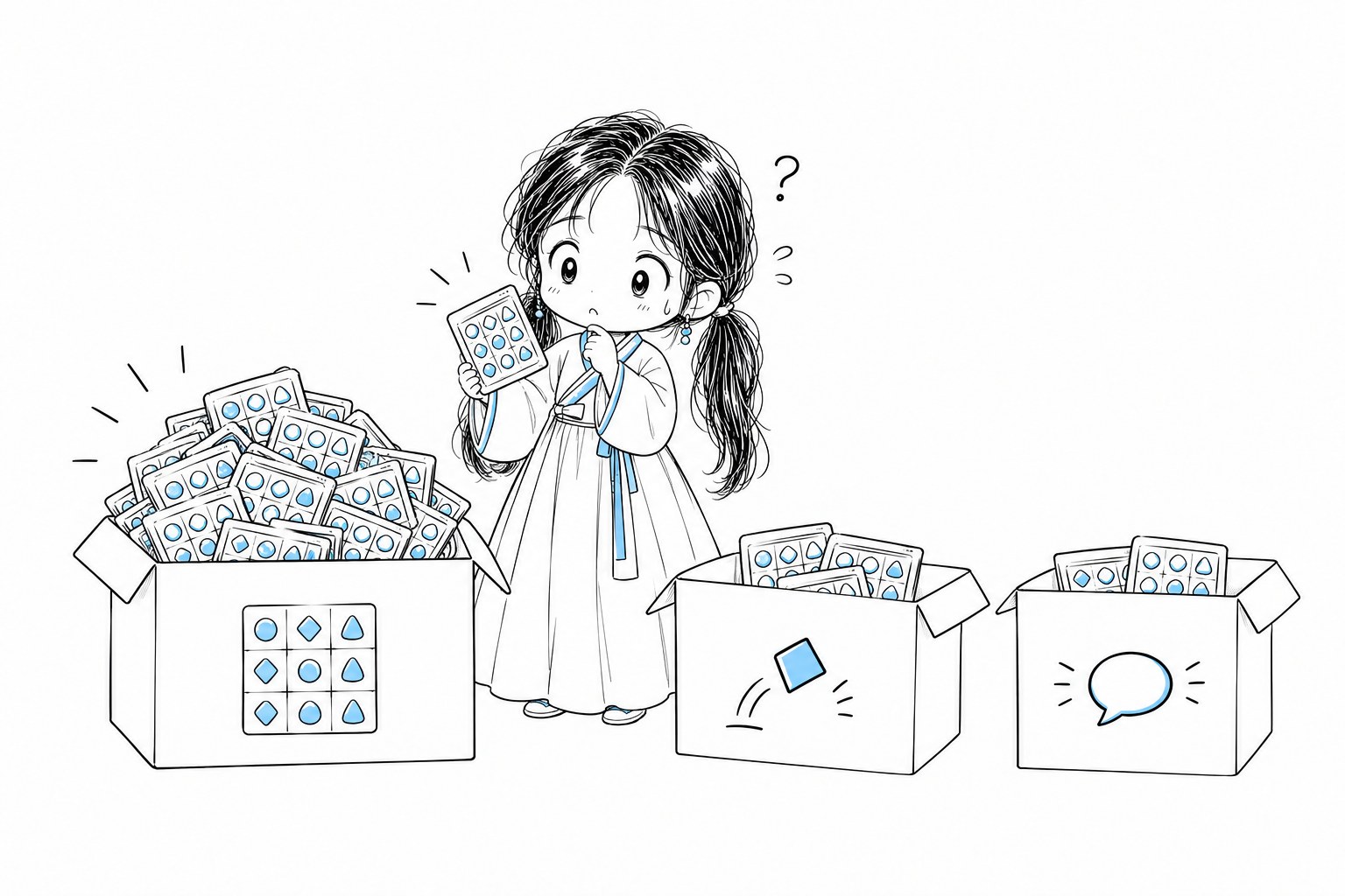 치비 서소영이 출품작 화면을 장르별 상자에 담고 있다. 보석 격자 그림이 그려진 상자에는 게임 화면 그림이 수북하고, 점프하는 네모와 말풍선 그림이 그려진 상자에는 화면 그림이 몇 장뿐이다.