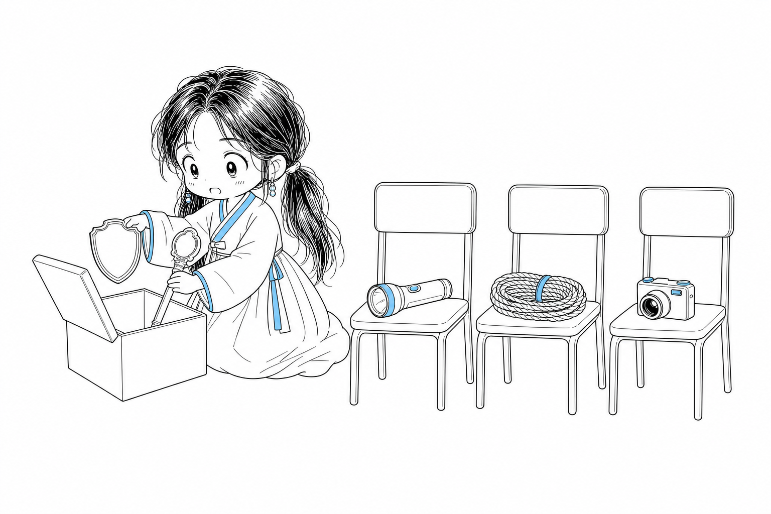 낡은 명찰을 상자에 내려놓고 손전등과 밧줄과 카메라를 빈 의자에 나눠 놓는 서소영.