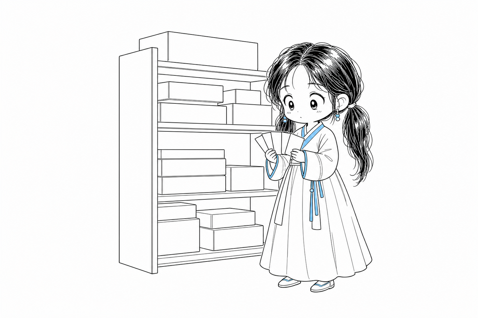게임 상자가 쌓인 선반 앞에서 손에 쥔 명함 네 장을 먼저 들여다보는 서소영.