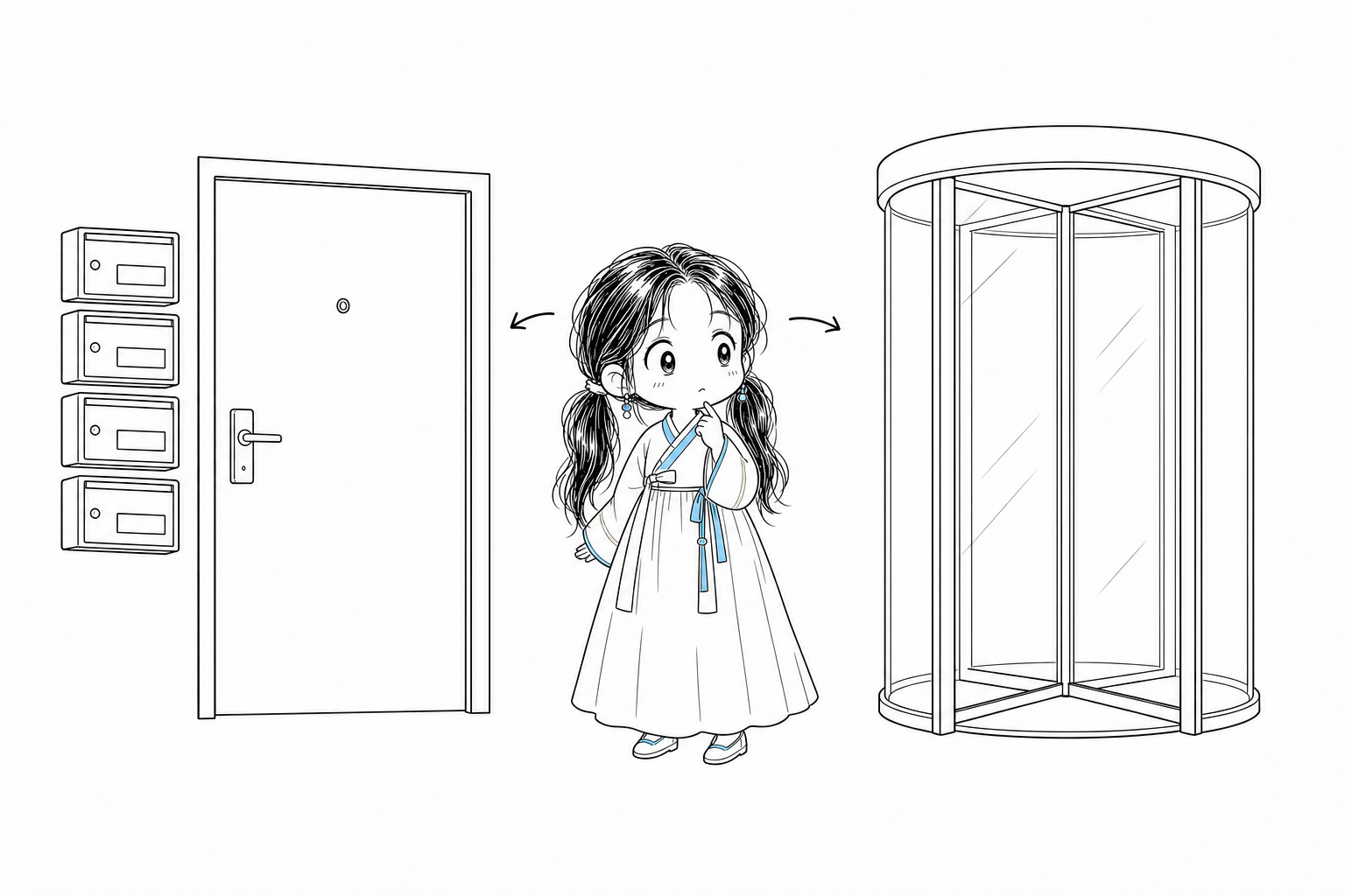 이름표 달린 우편함이 늘어선 문과 이름표가 없는 회전문 사이에 선 서소영.