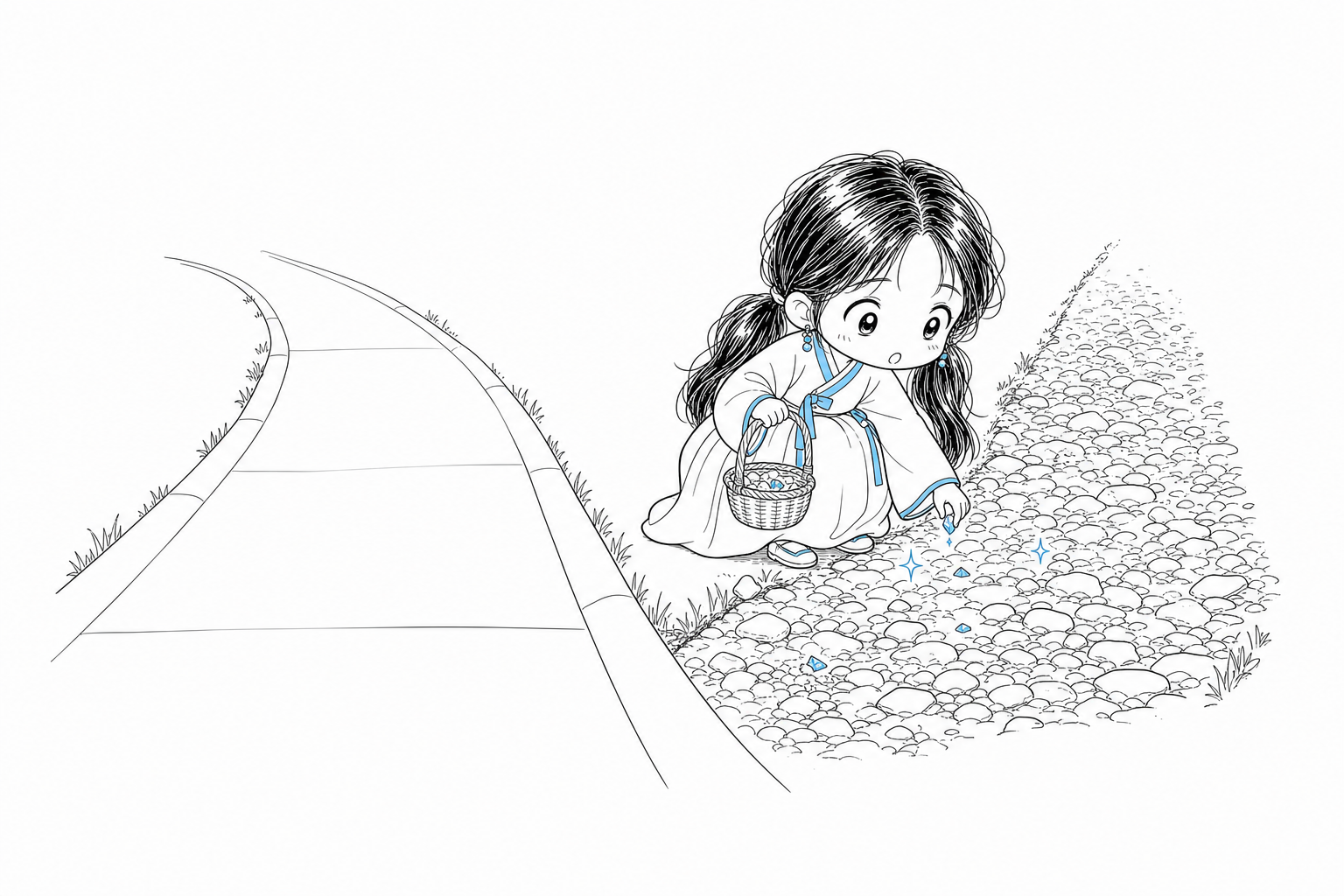 포장된 평평한 길과 자갈길 사이에서 자갈길 쪽 반짝이는 조각을 주워 담는 서소영.