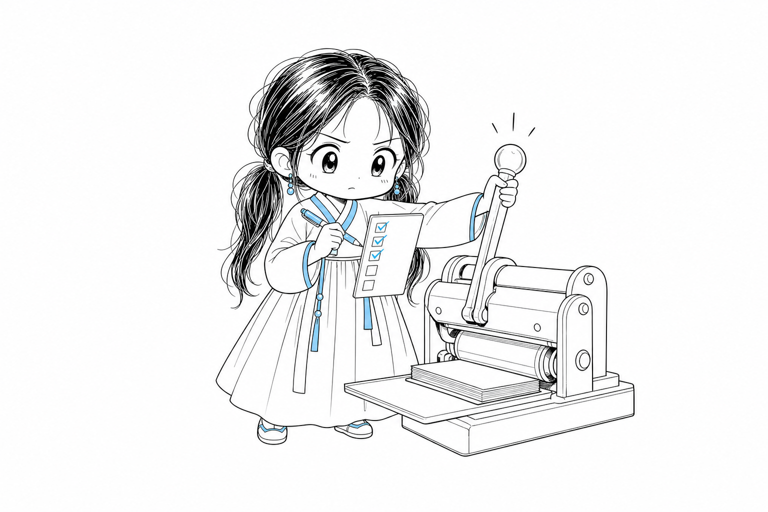치비 서소영이 빈 체크리스트 카드를 한 칸씩 펜으로 채우면서, 다른 손으로는 인쇄기 손잡이를 붙잡아 당기지 않고 멈춰 세우고 있다.