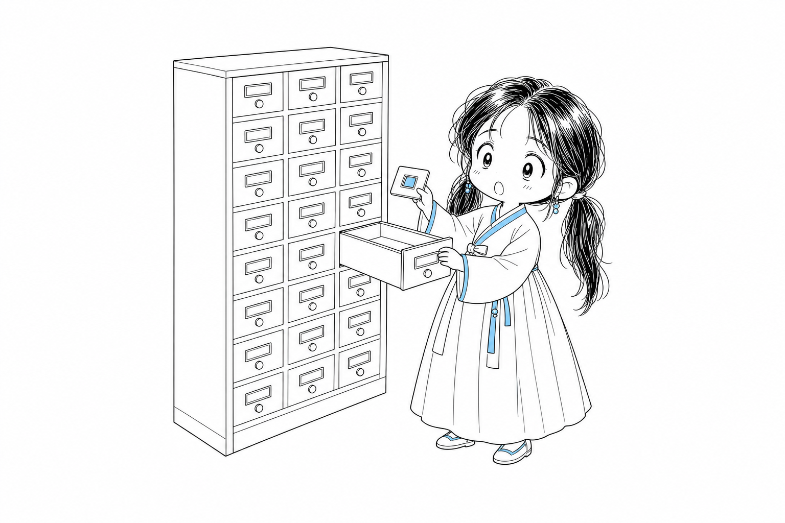 치비 서소영이 작은 라벨 서랍이 빽빽한 캐비닛에서 서랍 하나만 열어 납작한 견본 칩 한 장을 꺼내 들고, 나머지 서랍은 닫아 둔다.