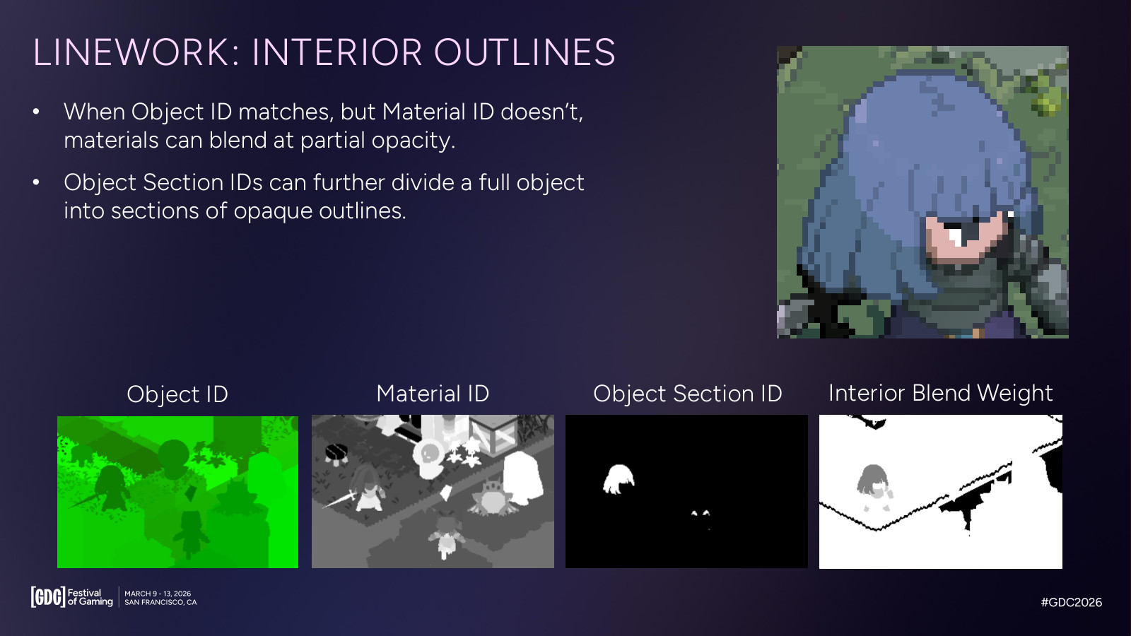 캐릭터의 내부 선. Object ID, Material ID, Object Section ID와 혼합 가중치 맵.