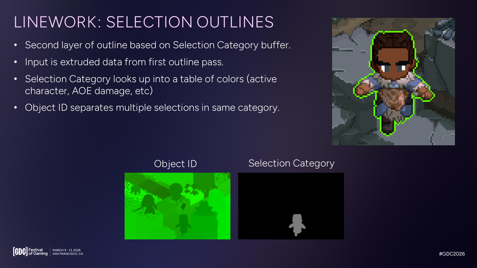 녹색 선택 외곽선이 표시된 캐릭터와 Object ID 및 Selection Category 버퍼