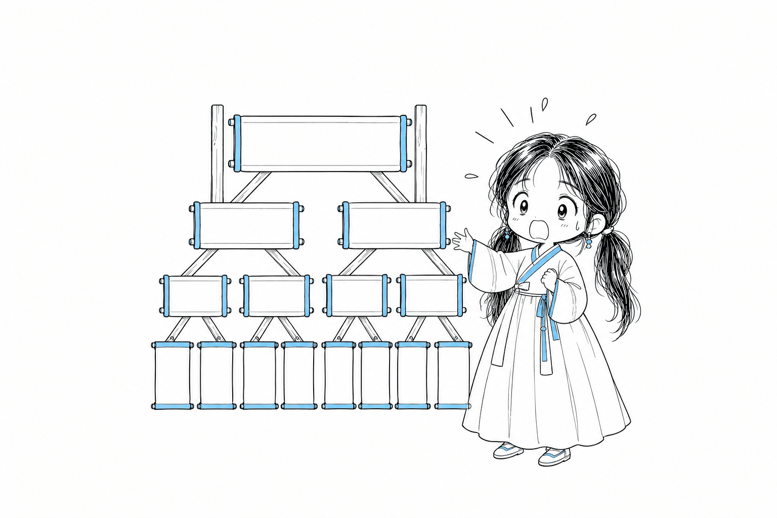 치비 서소영이 다단 목재 틀을 살펴보는 모습. 위쪽의 큰 나무 블록 하나가 아래로 내려가며 두 개, 네 개, 여덟 개의 작은 블록이 되고, 맨 아래에서 완성된 두루마리 문서가 된다