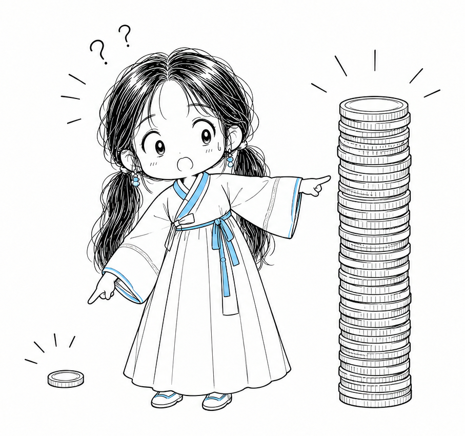 치비 서소영이 오른쪽에 높이 쌓인 동전 기둥과 왼쪽 바닥에 홀로 놓인 아주 작은 동전 한 닢을 양손으로 번갈아 가리키며 고개를 갸웃하는 모습