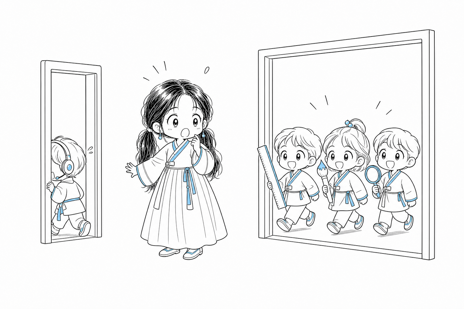 좁은 문으로는 헤드셋을 쓴 개발자 한 명만 겨우 들어가고, 넓은 문으로는 자, 붓, 돋보기를 든 세 사람이 나란히 들어가는 것을 지켜보는 치비 서소영