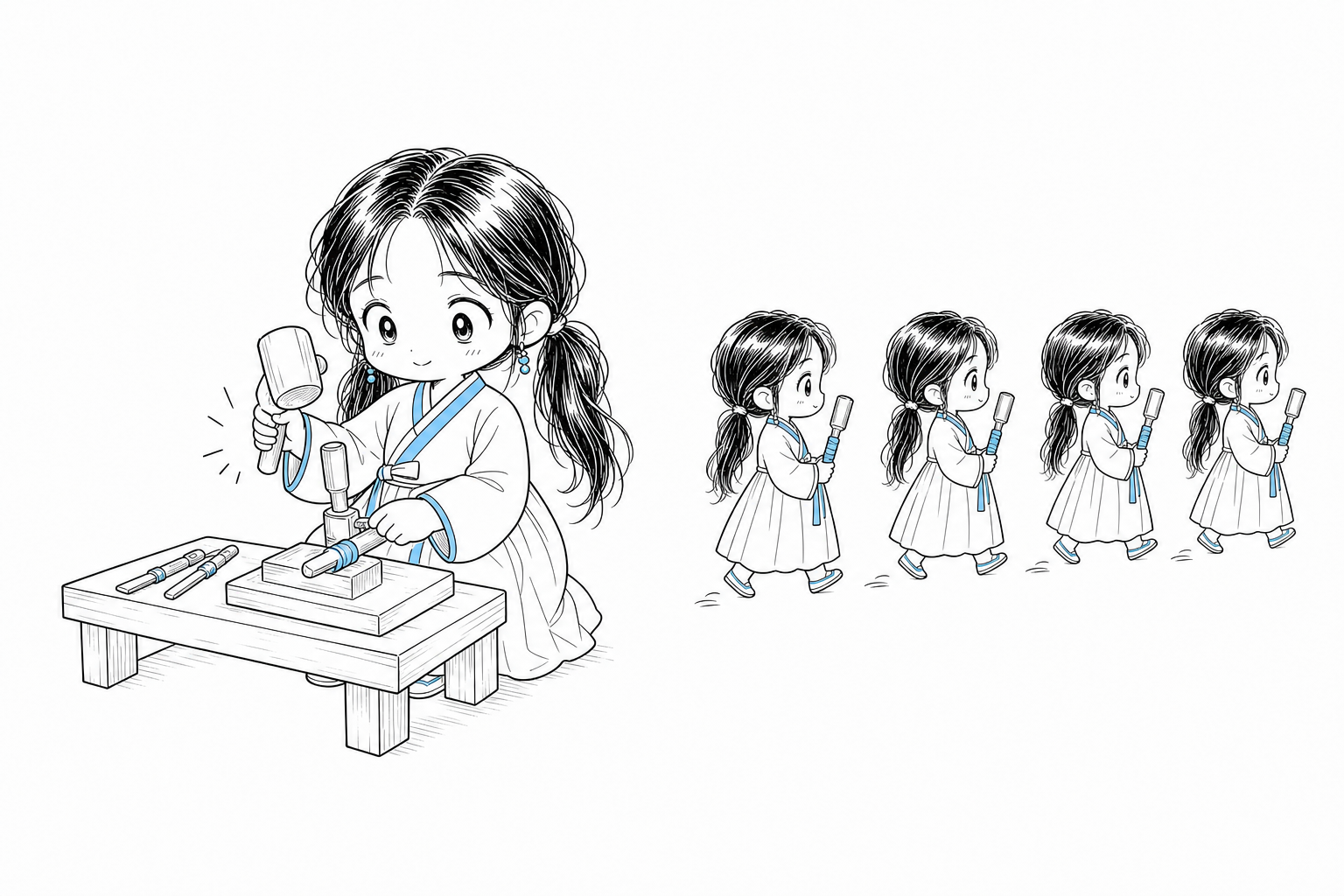 작업대에서 망치로 도구를 다듬는 치비 서소영. 뒤로는 완성된 같은 도구를 하나씩 든 작은 인물들이 모두 한 방향으로 걸어 나간다.